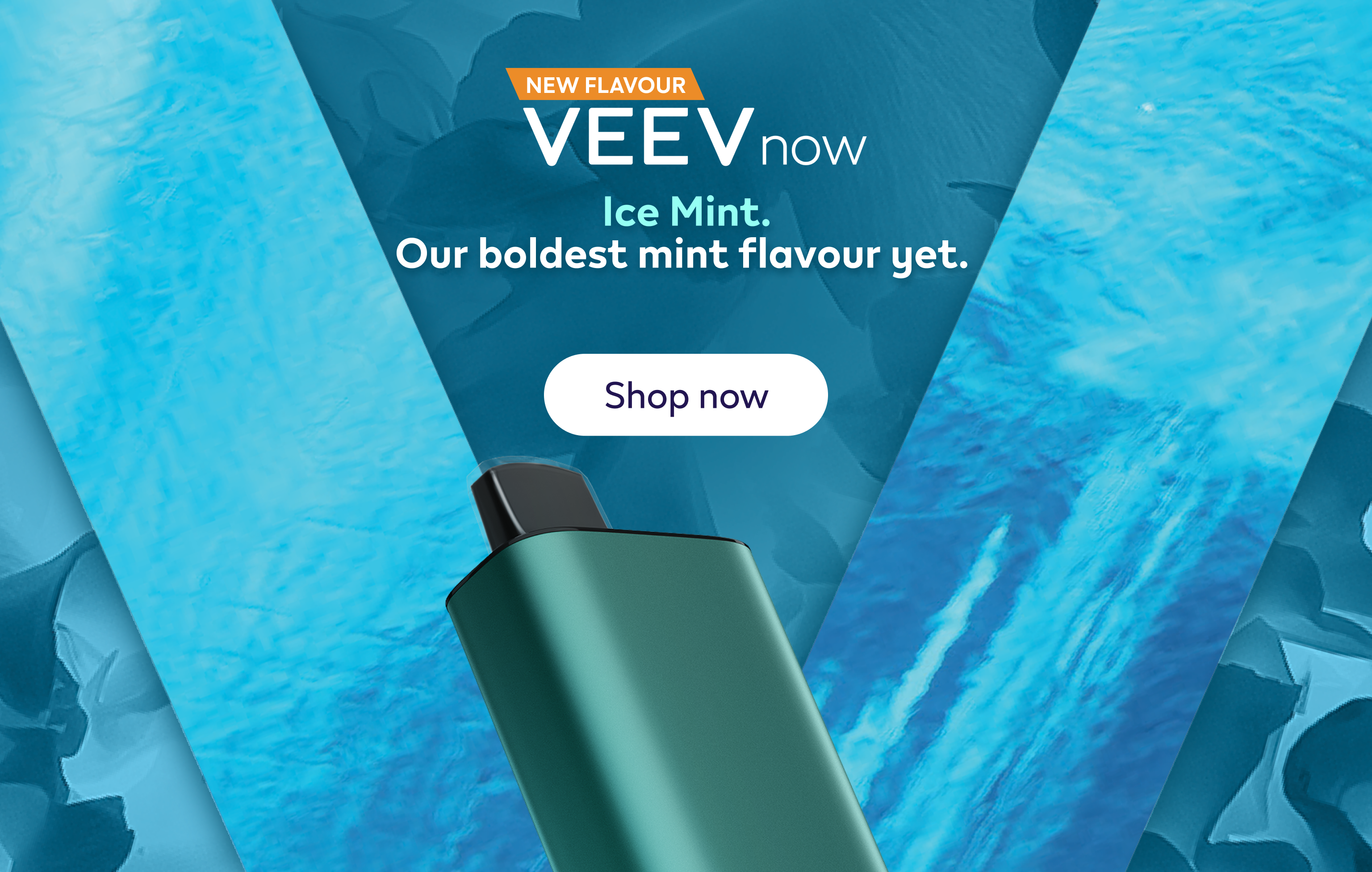 VEEV NOW 18 mL device on a blue V background.
